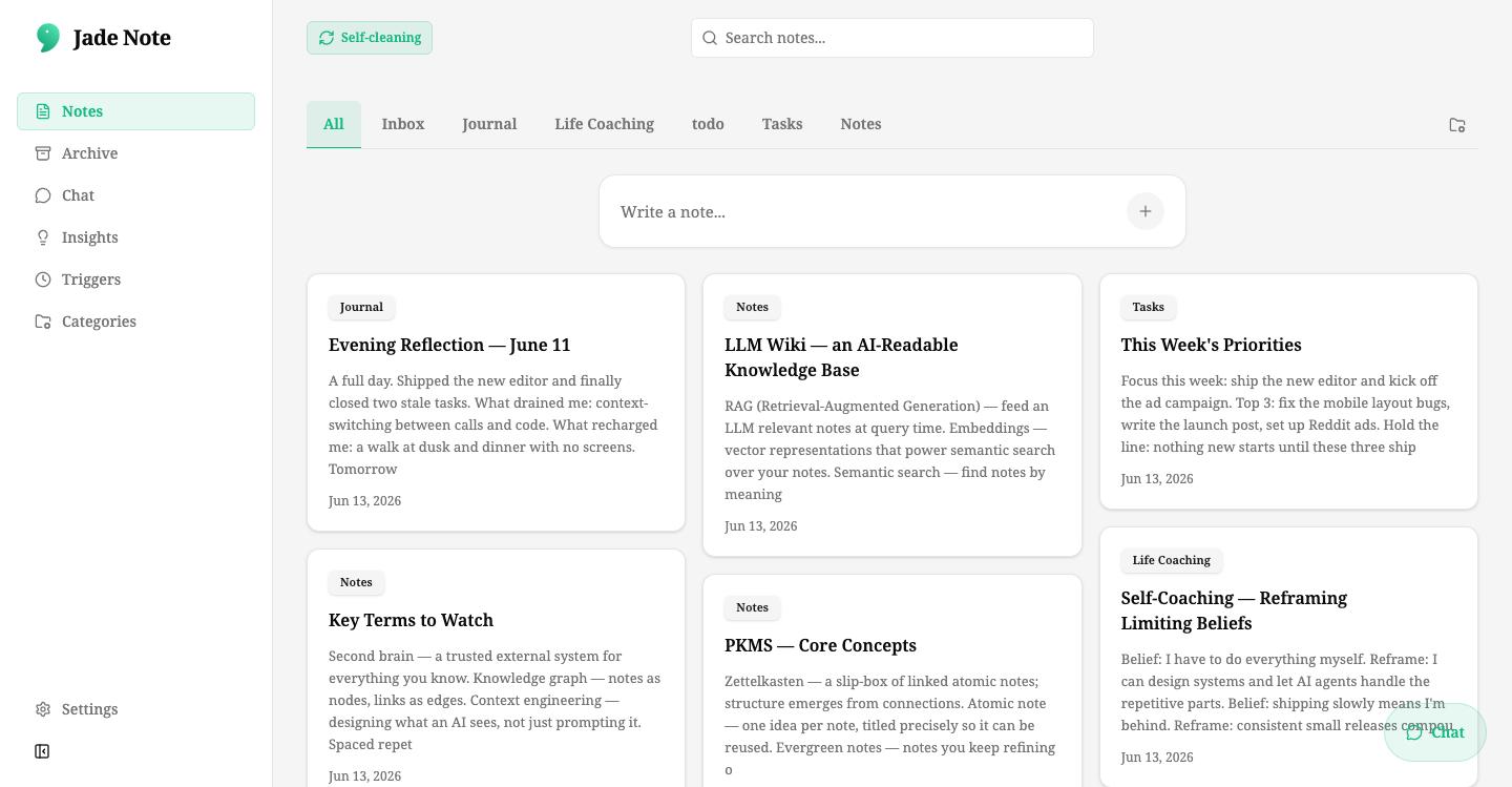 Jade Note notes screen with categorized notes, quick note entry, and search