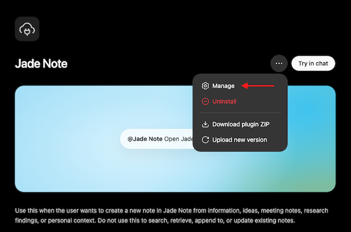 Manage in the … menu for Jade Note